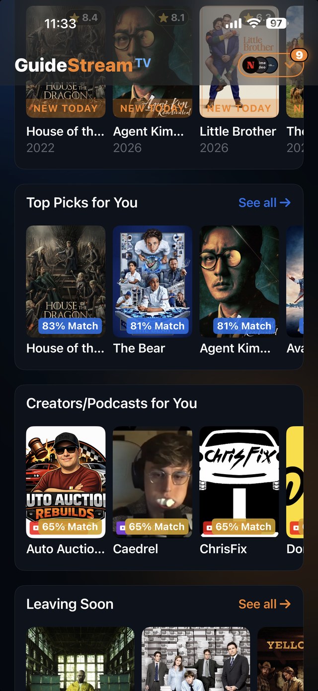 GuideStream TV — Top Picks and Creators/Podcasts for you