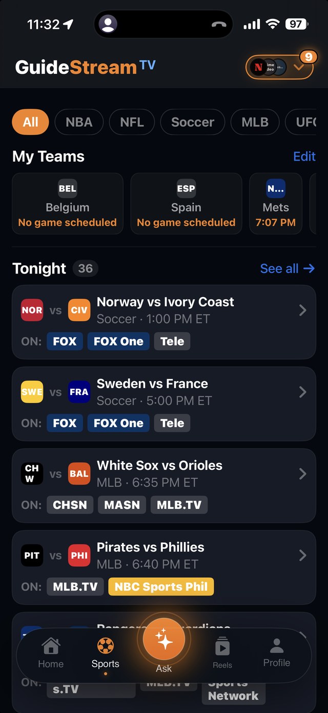 Live sports, your teams and tonight's games