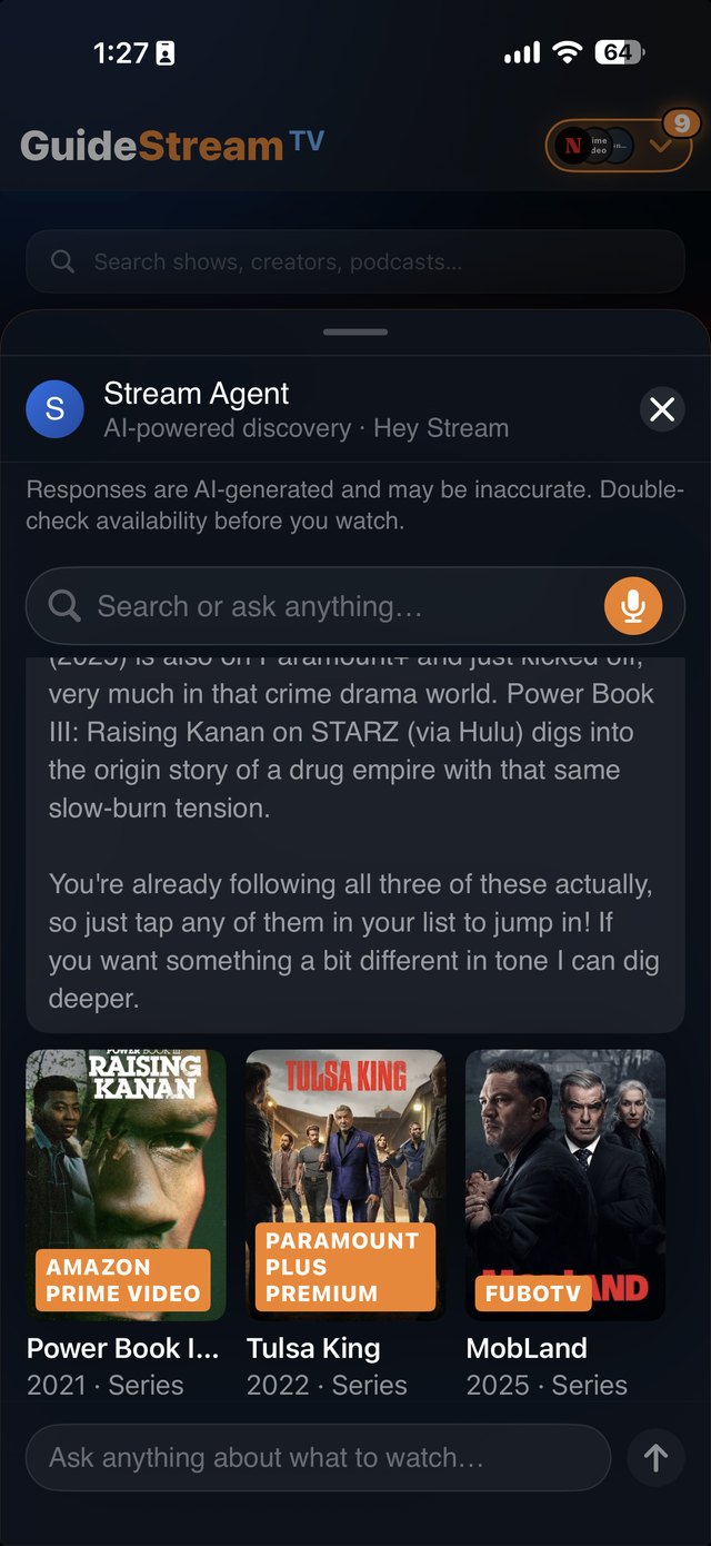 GuideStream TV AskStream &mdash; an AI answer recommending crime dramas, with Prime Video, Paramount+ and Fubo title cards