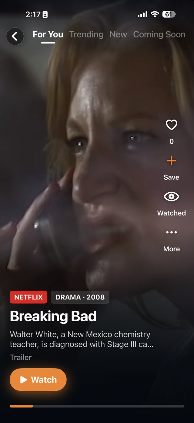 GuideStream TV Reels &mdash; the For You trailer feed showing Breaking Bad on Netflix, with like, save, watched and watch controls