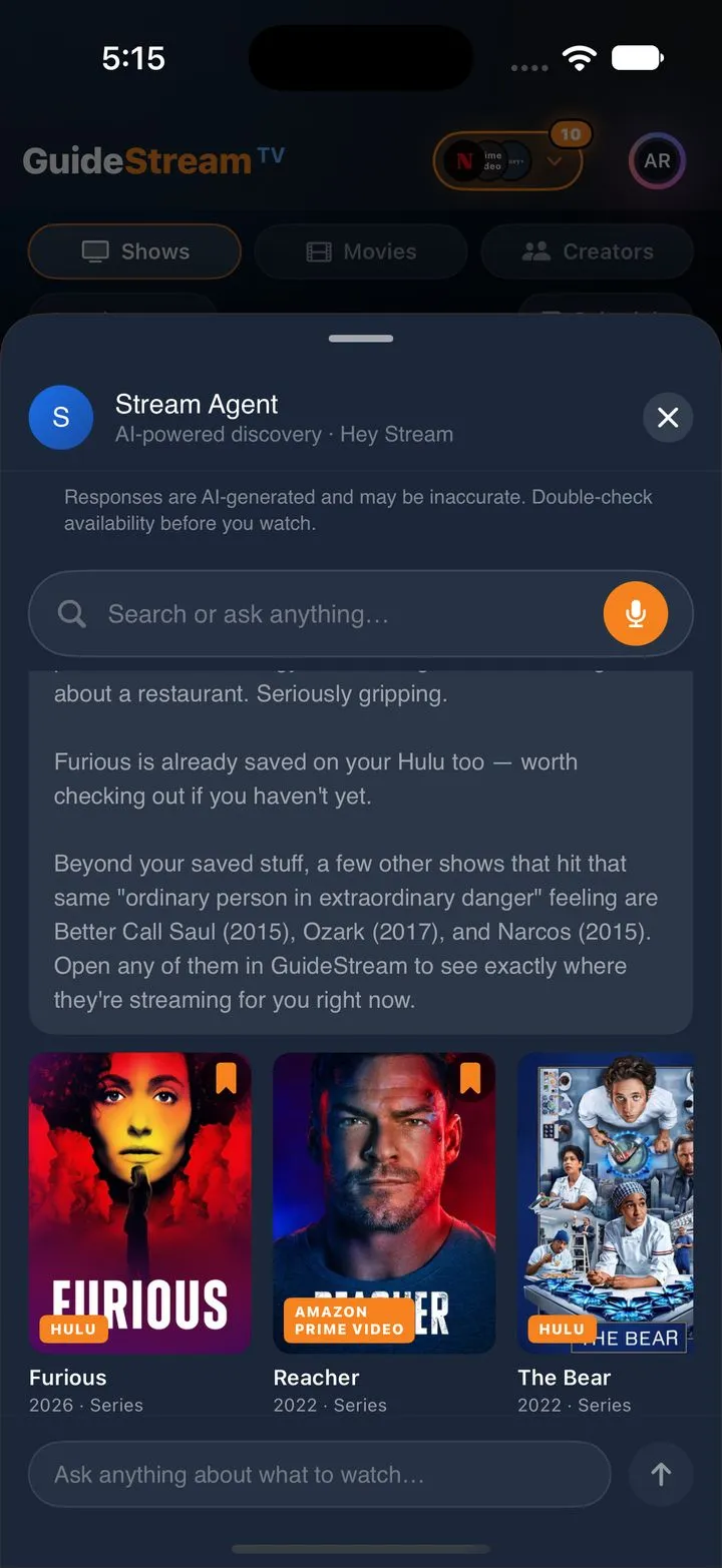 GuideStream TV AskStream &mdash; an AI answer recommending crime dramas, with Prime Video, Paramount+ and Fubo title cards