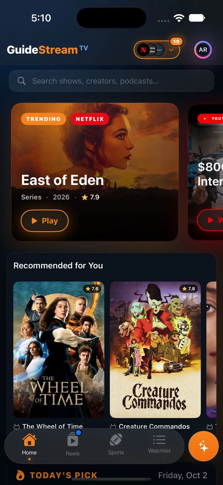 GuideStream TV home screen: trending shows, Recommended for You and Today's Pick