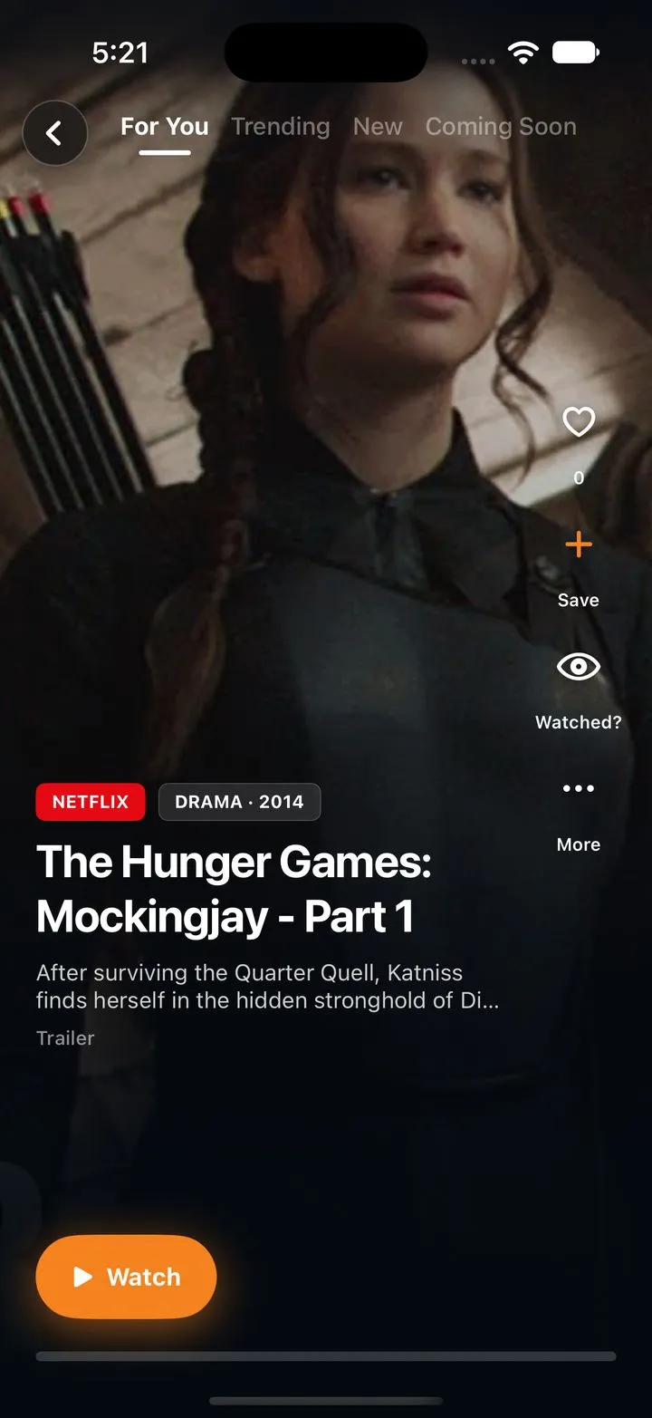 GuideStream TV Reels &mdash; the For You trailer feed showing Breaking Bad on Netflix, with like, save, watched and watch controls