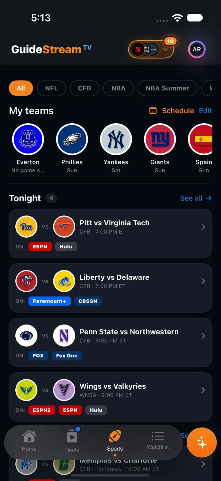 Live sports, your teams and tonight's games