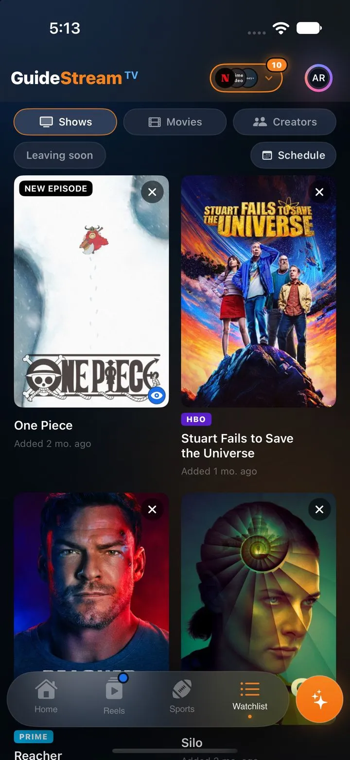 Watchlist with Shows, Movies and Creators